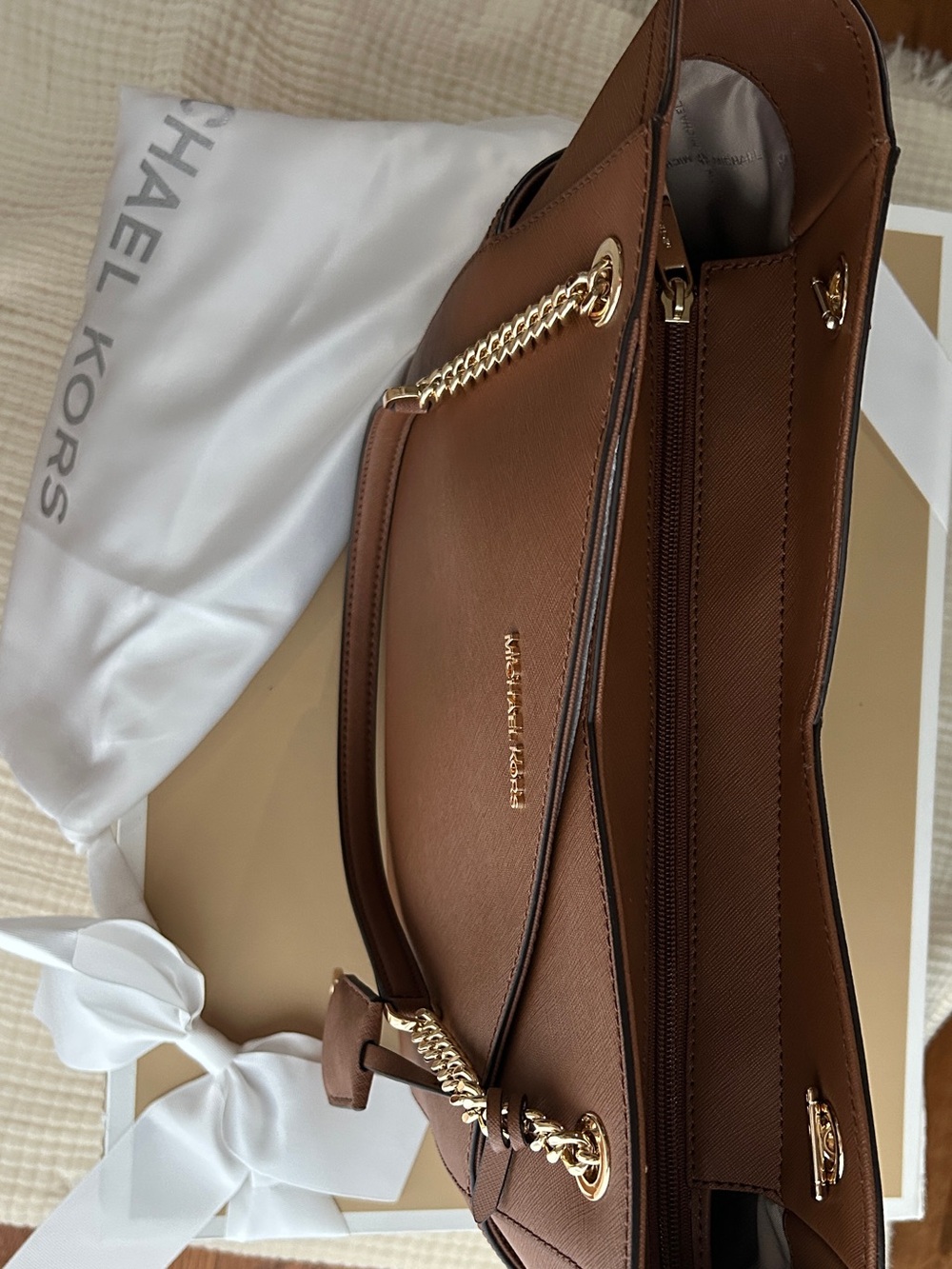 Michael Kors Chestnut Saffiano Leather Tote with Gold Chain Straps - Picture 3 of 4